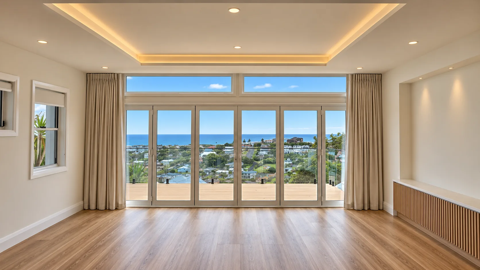 Ocean-view living room at The Terrigal Residence, with a recessed coffered ceiling washed in warm light, oak-toned timber floor, full-width glazed doors framed by linen curtains opening to a deck and the ocean, and ribbed timber cabinetry along the right wall