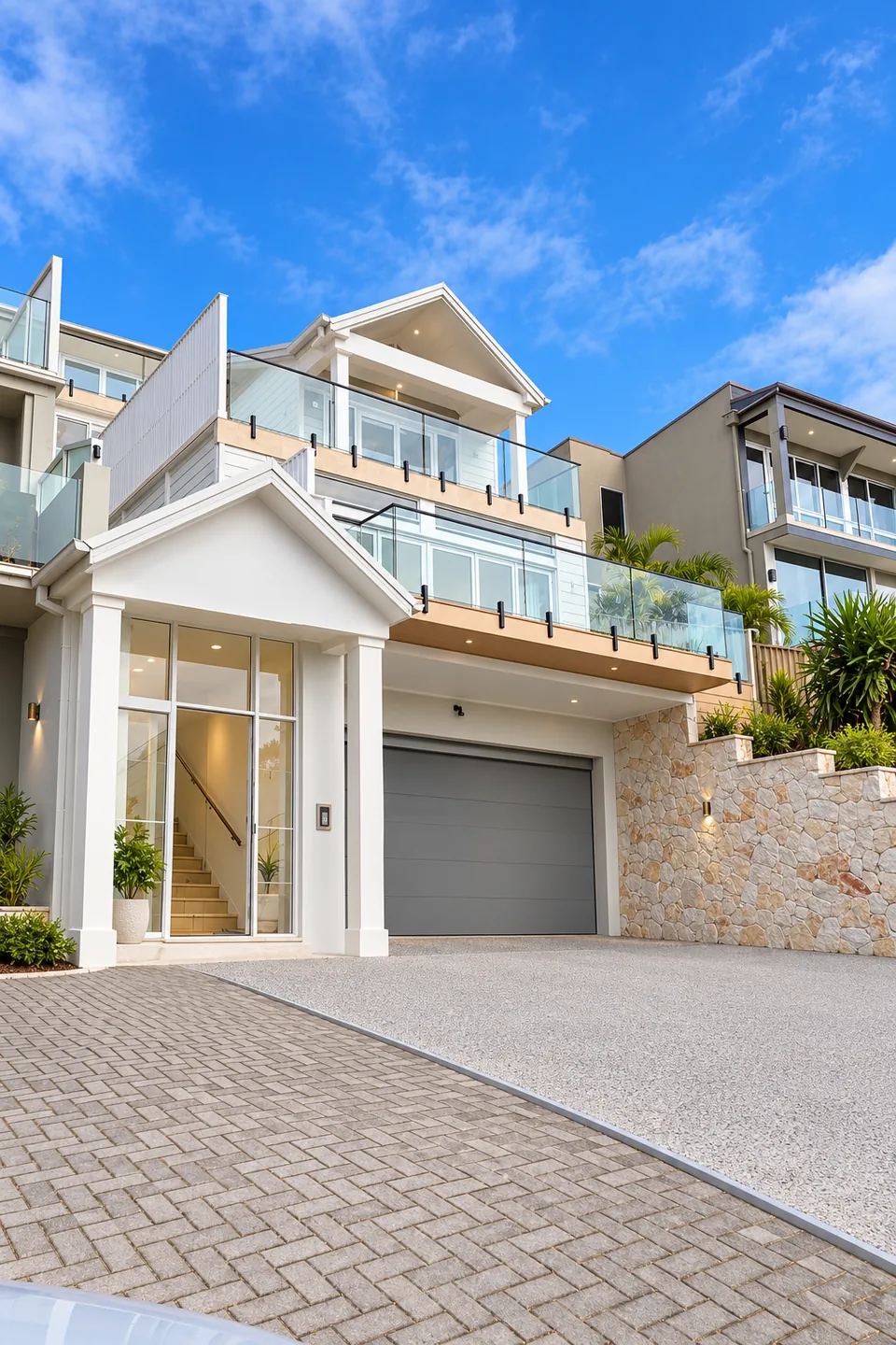 Street view of the three-level Terrigal residence: a gabled entry portico with full-height glazing, a grey garage door, sandstone retaining walls, and three levels of balconies with frameless glass balustrades above