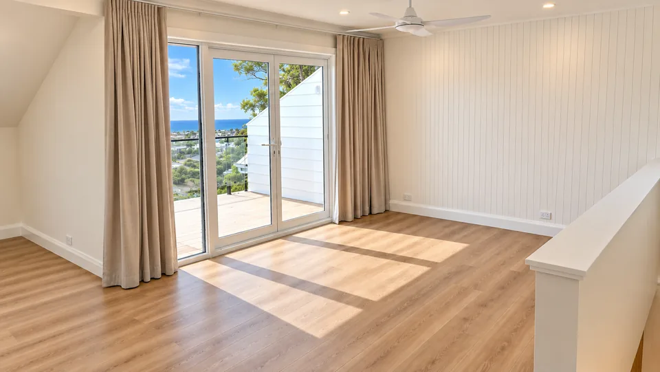 Upper-level room in the Terrigal residence with a raked ceiling, ceiling fan, vertically panelled wall and timber floor, where sunlight falls through glazed doors that open to a deck and an ocean view